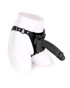 Leren Strap On Inclusief Zwarte Dildo Met Balzak - 24 cm voorbeeld zijkant