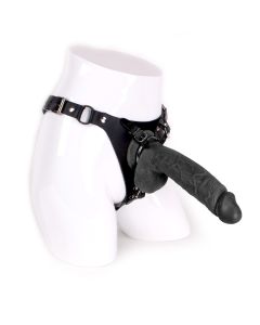 Leren Strap On Inclusief Zwarte Dildo Met Balzak - 24 cm